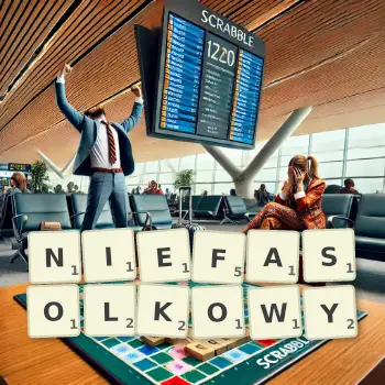 Kreatywna ilustracja do gry w Scrabble ze słowem NIEFASOLKOWY ułożonym z płytek na planszy.