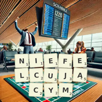 Kreatywna ilustracja do gry w Scrabble ze słowem NIEFELCUJĄCYM ułożonym z płytek na planszy.