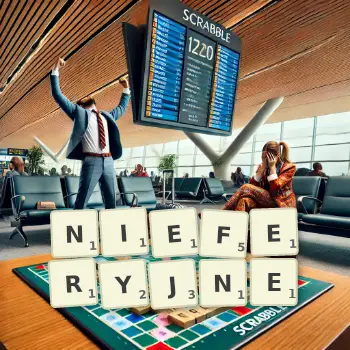 Kreatywna ilustracja do gry w Scrabble ze słowem NIEFERYJNE ułożonym z płytek na planszy.