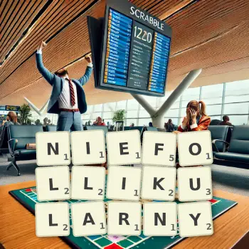 Kreatywna ilustracja do gry w Scrabble ze słowem NIEFOLLIKULARNY ułożonym z płytek na planszy.