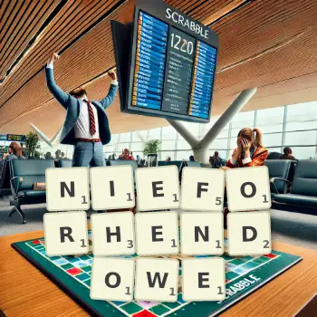 Kreatywna ilustracja do gry w Scrabble ze słowem NIEFORHENDOWE ułożonym z płytek na planszy.