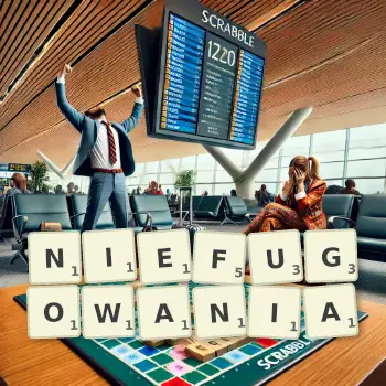 Kreatywna ilustracja do gry w Scrabble ze słowem NIEFUGOWANIA ułożonym z płytek na planszy.
