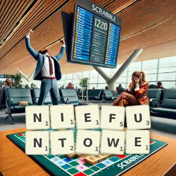 Kreatywna ilustracja do gry w Scrabble ze słowem NIEFUNTOWE ułożonym z płytek na planszy.
