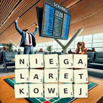 Kreatywna ilustracja do gry w Scrabble ze słowem NIEGALARETKOWEJ ułożonym z płytek na planszy.