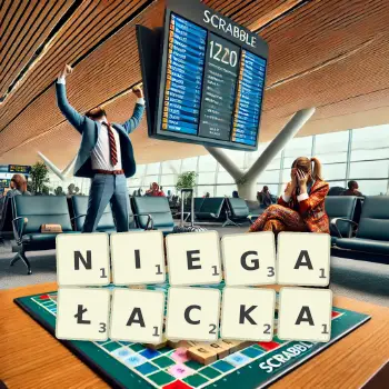 Kreatywna ilustracja do gry w Scrabble ze słowem NIEGAŁACKA ułożonym z płytek na planszy.