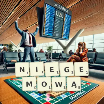 Kreatywna ilustracja do gry w Scrabble ze słowem NIEGEMOWĄ ułożonym z płytek na planszy.