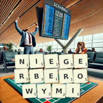 Kreatywna ilustracja do gry w Scrabble ze słowem NIEGERBEROWYMI ułożonym z płytek na planszy.