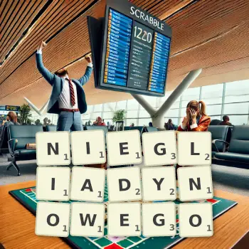 Kreatywna ilustracja do gry w Scrabble ze słowem NIEGLIADYNOWEGO ułożonym z płytek na planszy.