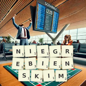 Kreatywna ilustracja do gry w Scrabble ze słowem NIEGREBIENSKIM ułożonym z płytek na planszy.