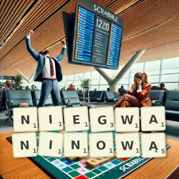 Kreatywna ilustracja do gry w Scrabble ze słowem NIEGWANINOWĄ ułożonym z płytek na planszy.