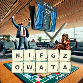 Kreatywna ilustracja do gry w Scrabble ze słowem NIEGZOWATA ułożonym z płytek na planszy.