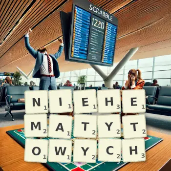 Kreatywna ilustracja do gry w Scrabble ze słowem NIEHEMATYTOWYCH ułożonym z płytek na planszy.