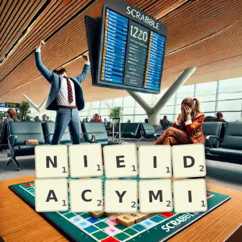 Kreatywna ilustracja do gry w Scrabble ze słowem NIEIDACYMI ułożonym z płytek na planszy.
