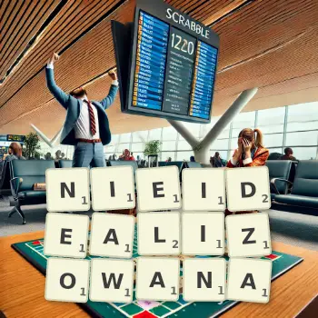 Kreatywna ilustracja do gry w Scrabble ze słowem NIEIDEALIZOWANA ułożonym z płytek na planszy.