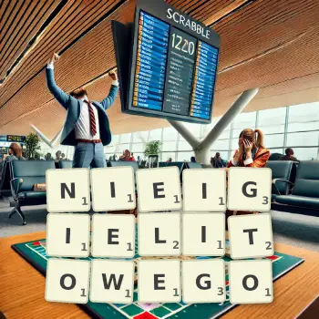 Kreatywna ilustracja do gry w Scrabble ze słowem NIEIGIELITOWEGO ułożonym z płytek na planszy.