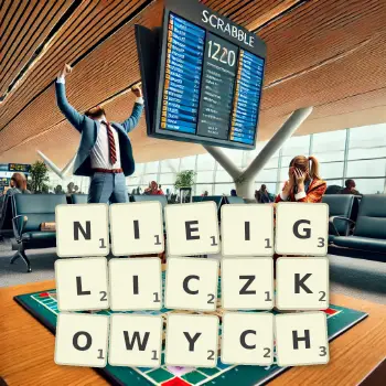 Kreatywna ilustracja do gry w Scrabble ze słowem NIEIGLICZKOWYCH ułożonym z płytek na planszy.