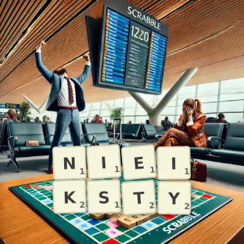 Kreatywna ilustracja do gry w Scrabble ze słowem NIEIKSTY ułożonym z płytek na planszy.