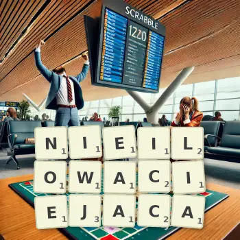 Kreatywna ilustracja do gry w Scrabble ze słowem NIEILOWACIEJACA ułożonym z płytek na planszy.