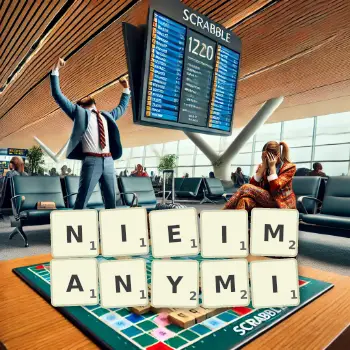 Kreatywna ilustracja do gry w Scrabble ze słowem NIEIMANYMI ułożonym z płytek na planszy.