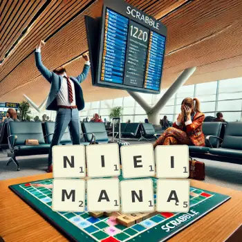 Kreatywna ilustracja do gry w Scrabble ze słowem NIEIMANĄ ułożonym z płytek na planszy.