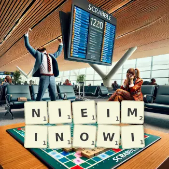 Kreatywna ilustracja do gry w Scrabble ze słowem NIEIMINOWI ułożonym z płytek na planszy.