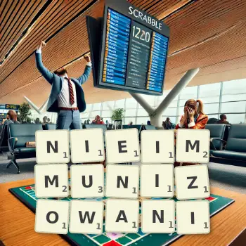 Kreatywna ilustracja do gry w Scrabble ze słowem NIEIMMUNIZOWANI ułożonym z płytek na planszy.