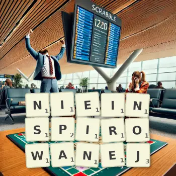Kreatywna ilustracja do gry w Scrabble ze słowem NIEINSPIROWANEJ ułożonym z płytek na planszy.