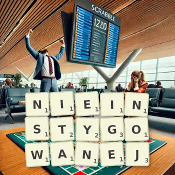 Kreatywna ilustracja do gry w Scrabble ze słowem NIEINSTYGOWANEJ ułożonym z płytek na planszy.