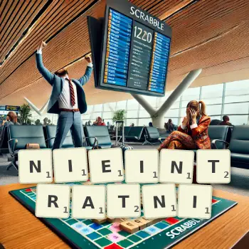 Kreatywna ilustracja do gry w Scrabble ze słowem NIEINTRATNI ułożonym z płytek na planszy.