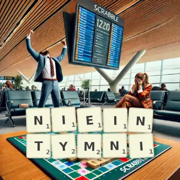 Kreatywna ilustracja do gry w Scrabble ze słowem NIEINTYMNI ułożonym z płytek na planszy.