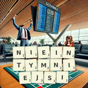 Kreatywna ilustracja do gry w Scrabble ze słowem NIEINTYMNIEJSI ułożonym z płytek na planszy.