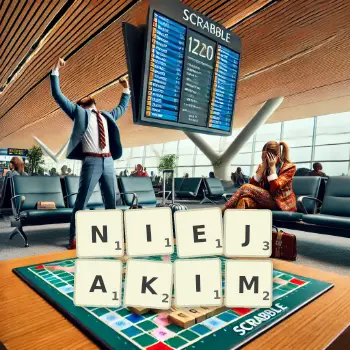 Kreatywna ilustracja do gry w Scrabble ze słowem NIEJAKIM ułożonym z płytek na planszy.