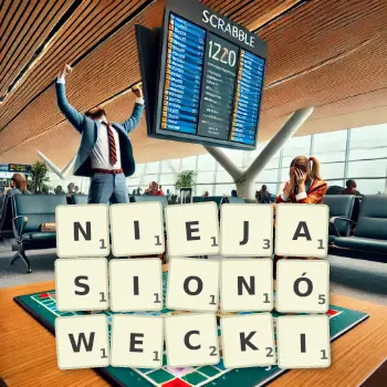 Kreatywna ilustracja do gry w Scrabble ze słowem NIEJASIONÓWECKI ułożonym z płytek na planszy.