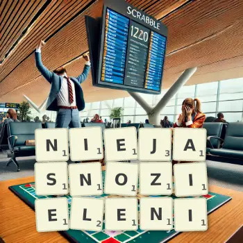 Kreatywna ilustracja do gry w Scrabble ze słowem NIEJASNOZIELENI ułożonym z płytek na planszy.