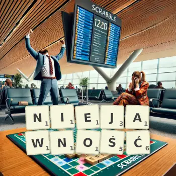 Kreatywna ilustracja do gry w Scrabble ze słowem NIEJAWNOŚĆ ułożonym z płytek na planszy.