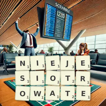 Kreatywna ilustracja do gry w Scrabble ze słowem NIEJESIOTROWATE ułożonym z płytek na planszy.