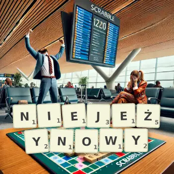 Kreatywna ilustracja do gry w Scrabble ze słowem NIEJEŻYNOWY ułożonym z płytek na planszy.