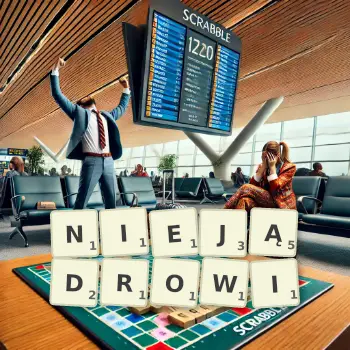 Kreatywna ilustracja do gry w Scrabble ze słowem NIEJĄDROWI ułożonym z płytek na planszy.