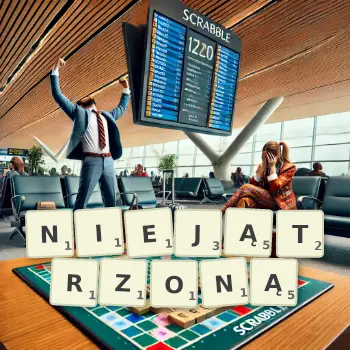 Kreatywna ilustracja do gry w Scrabble ze słowem NIEJĄTRZONĄ ułożonym z płytek na planszy.