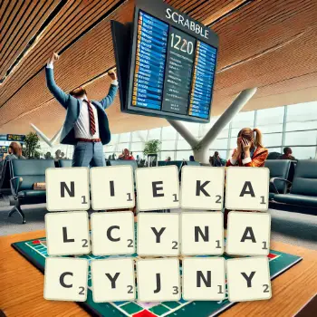 Kreatywna ilustracja do gry w Scrabble ze słowem NIEKALCYNACYJNY ułożonym z płytek na planszy.