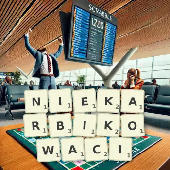 Kreatywna ilustracja do gry w Scrabble ze słowem NIEKARBIKOWACI ułożonym z płytek na planszy.
