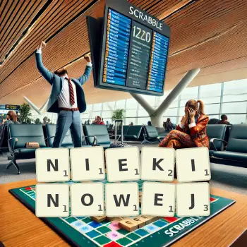 Kreatywna ilustracja do gry w Scrabble ze słowem NIEKINOWEJ ułożonym z płytek na planszy.