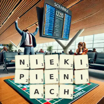 Kreatywna ilustracja do gry w Scrabble ze słowem NIEKIPIENIACH ułożonym z płytek na planszy.