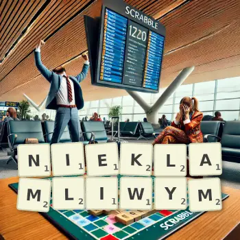 Kreatywna ilustracja do gry w Scrabble ze słowem NIEKLAMLIWYM ułożonym z płytek na planszy.
