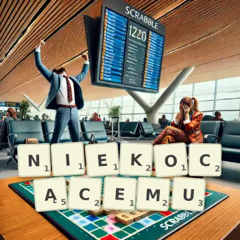 Kreatywna ilustracja do gry w Scrabble ze słowem NIEKOCĄCEMU ułożonym z płytek na planszy.