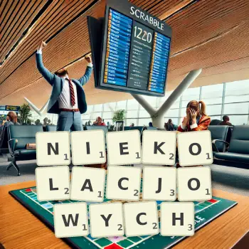 Kreatywna ilustracja do gry w Scrabble ze słowem NIEKOLACJOWYCH ułożonym z płytek na planszy.