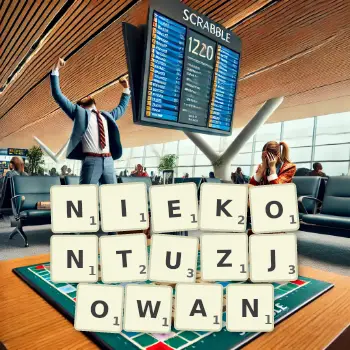 Kreatywna ilustracja do gry w Scrabble ze słowem NIEKONTUZJOWAN ułożonym z płytek na planszy.