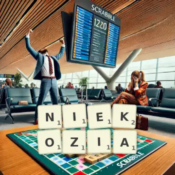 Kreatywna ilustracja do gry w Scrabble ze słowem NIEKOZIA ułożonym z płytek na planszy.