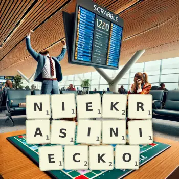 Kreatywna ilustracja do gry w Scrabble ze słowem NIEKRASINIECKO ułożonym z płytek na planszy.