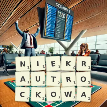 Kreatywna ilustracja do gry w Scrabble ze słowem NIEKRAUTROCKOWA ułożonym z płytek na planszy.